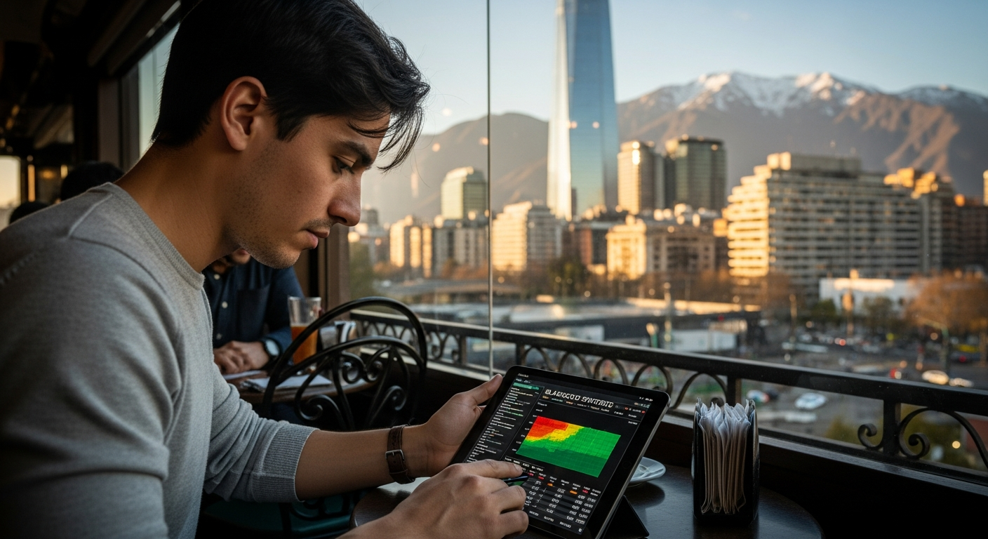 Jugador chileno analizando estadísticas de blackjack en tablet con vista de Santiago