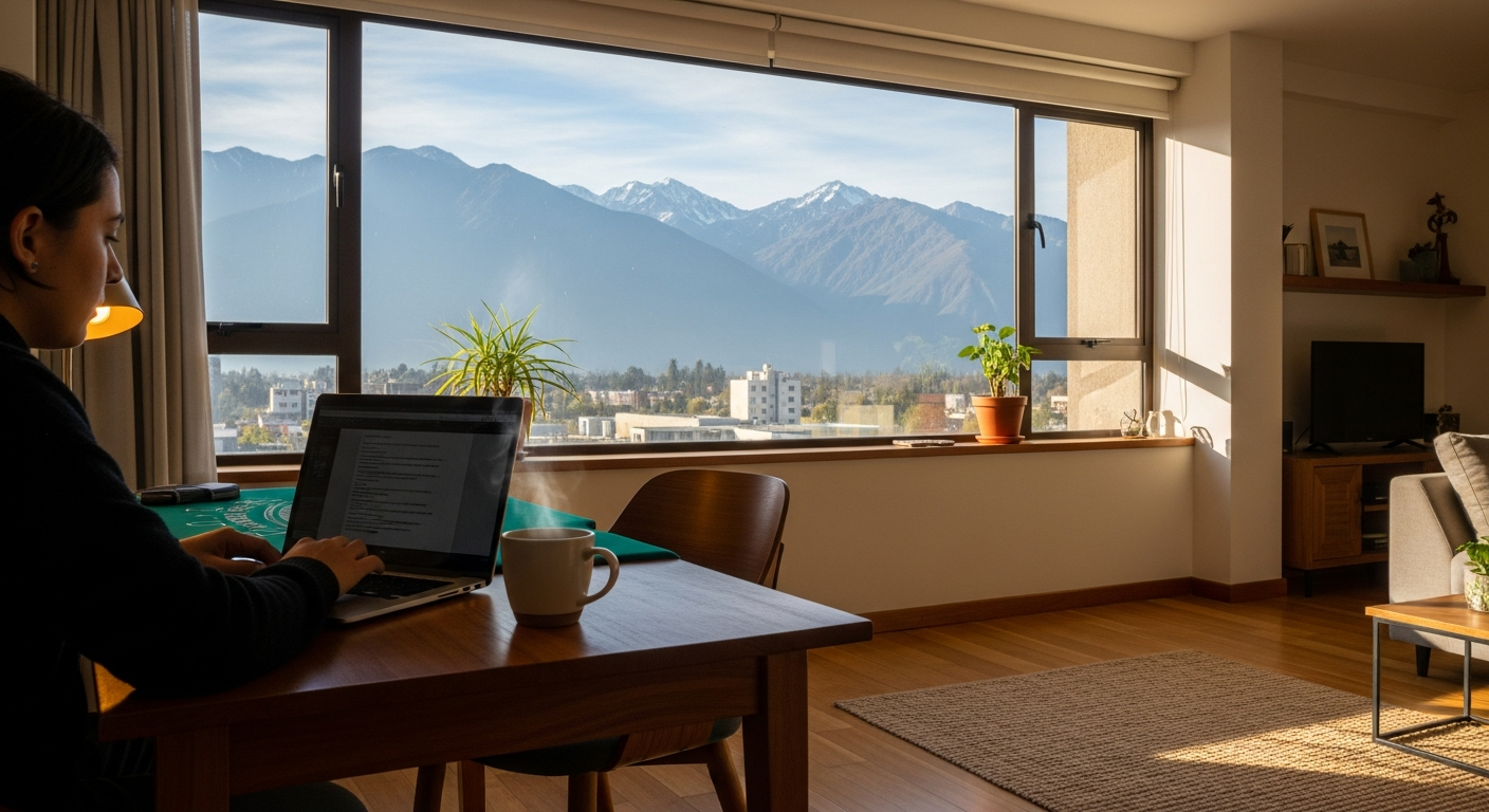 Jugador chileno practicando blackjack online desde su casa con vista a los Andes