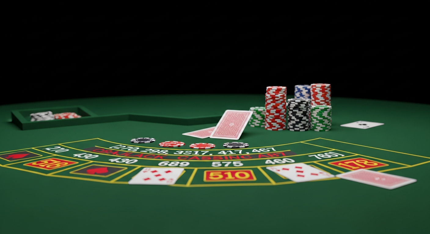 Tabla de estrategia básica de blackjack con cartas y fichas en pesos chilenos