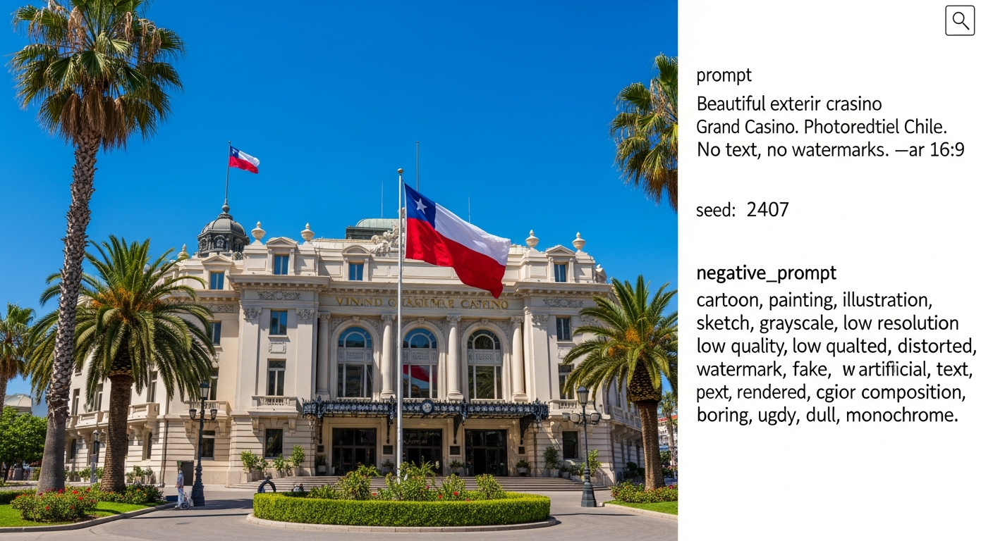 Casino Municipal de Viña del Mar Chile con bandera chilena y palmeras