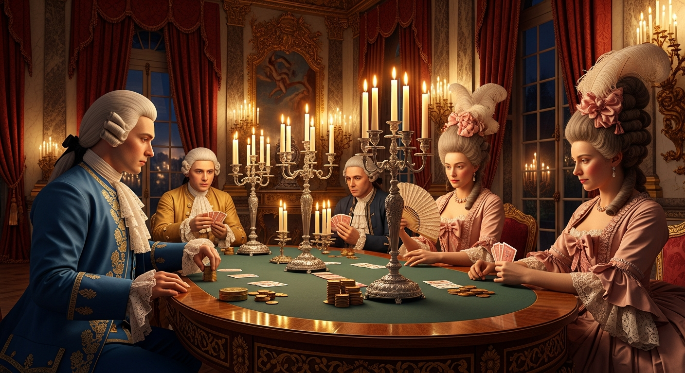 Ilustración de aristócratas franceses jugando Vingt-et-Un en un salón de Versalles siglo XVIII