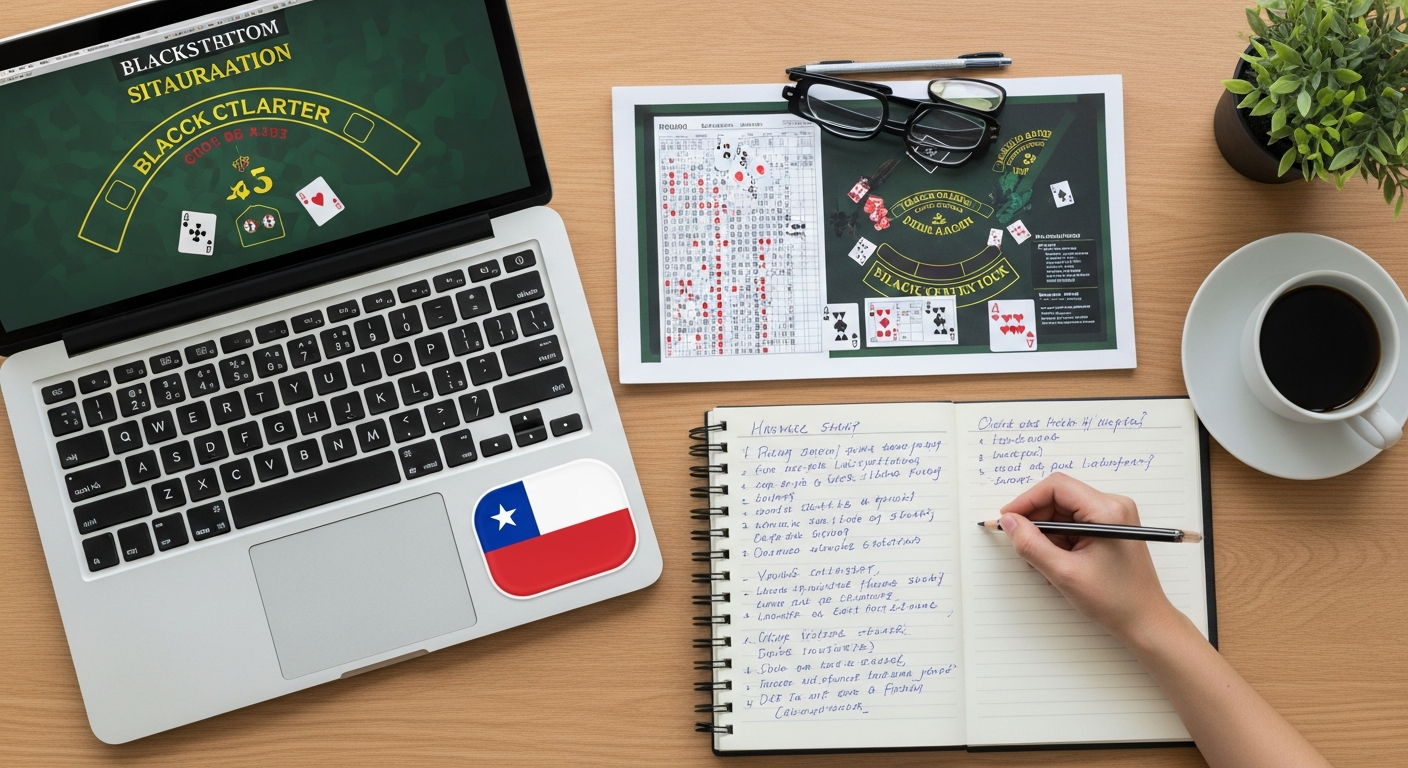 Escritorio de estudio con simulador de blackjack en laptop y tabla de estrategia impresa en Chile