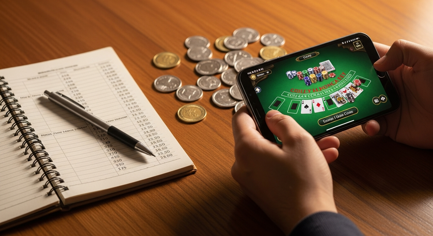 Persona practicando blackjack gratis en smartphone con monedas chilenas en la mesa