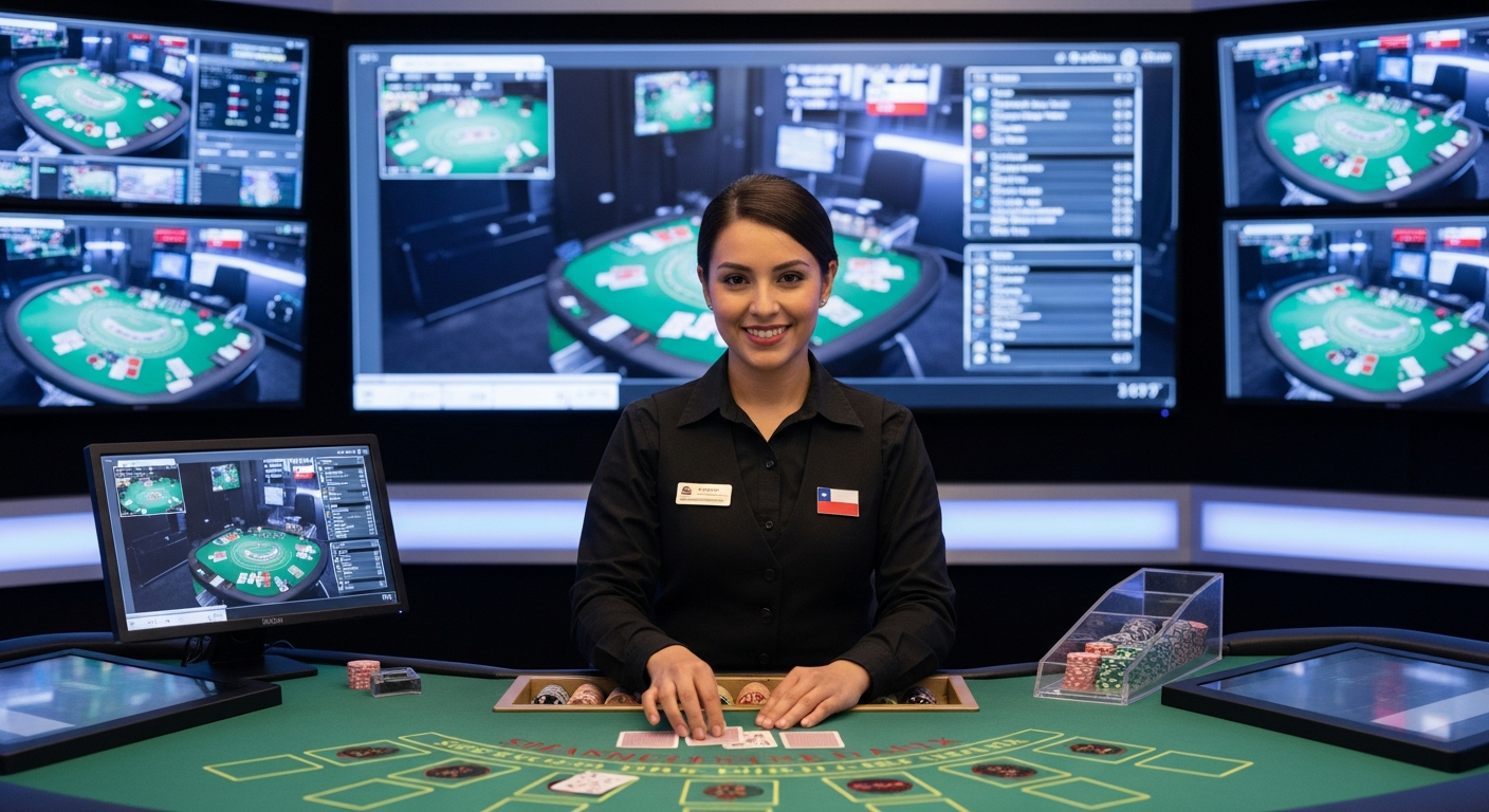 Crupier profesional de blackjack en vivo transmitiendo para jugadores chilenos